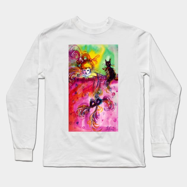 LADY WITH MASK AND BLACK CAT  Venetian Masquerade Night in Pink Long Sleeve T-Shirt by BulganLumini